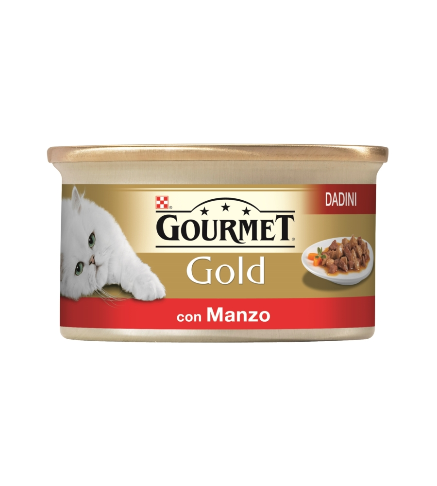 Gourmet gold, alimento umido per gatto, dadini in salsa con manzo.