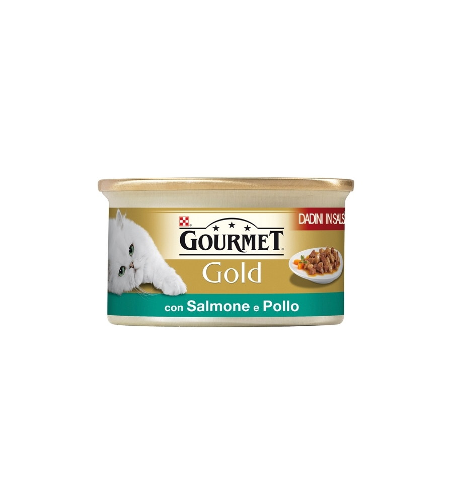 Gourmet gold, alimento umido per gatto, dadini in salsa con salmone e pollo.