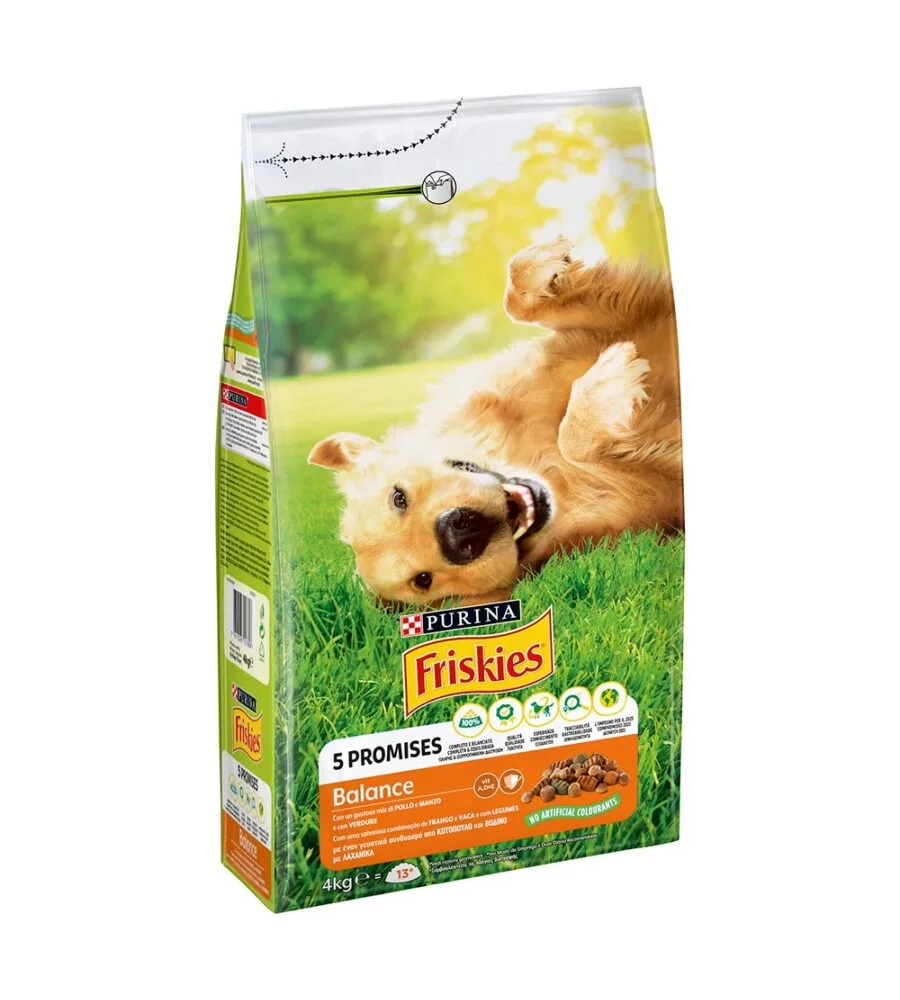 Crocchette per cani purina friskies "balance" adulti di tutte le taglie con pollo, manzo e verdure 4 kg