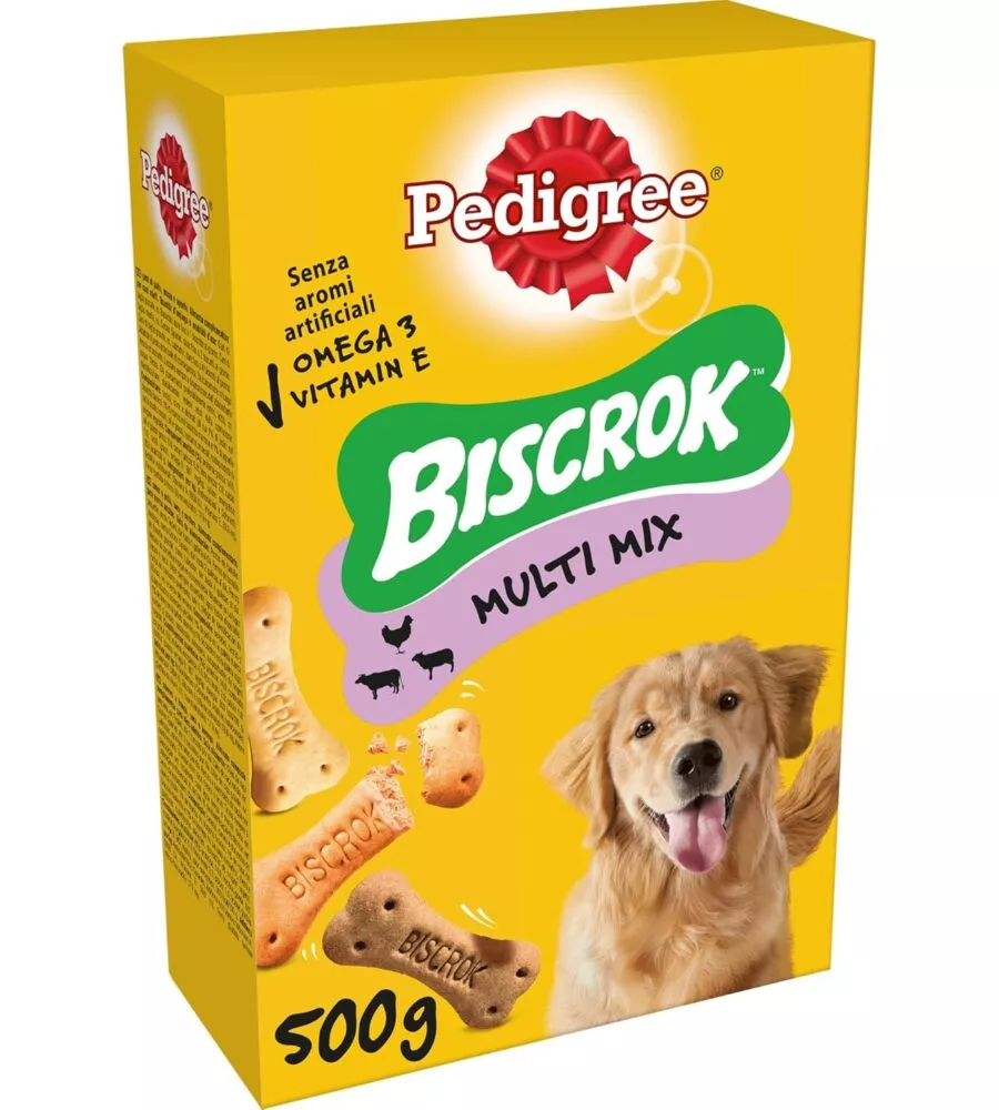 Biscotti per cani pedigree "biscrok multi mix" adulto di tutte le taglie con vitamine, calcio e omerga 3 500 gr