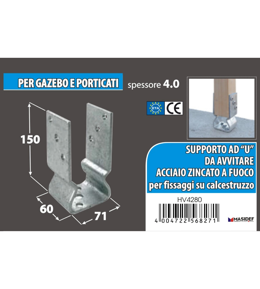 Supporto per pali 71 x 150 x 60 mm.