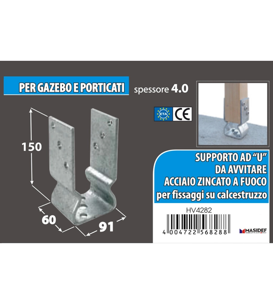 Supporto per pali 91 x 150 x 60 mm.