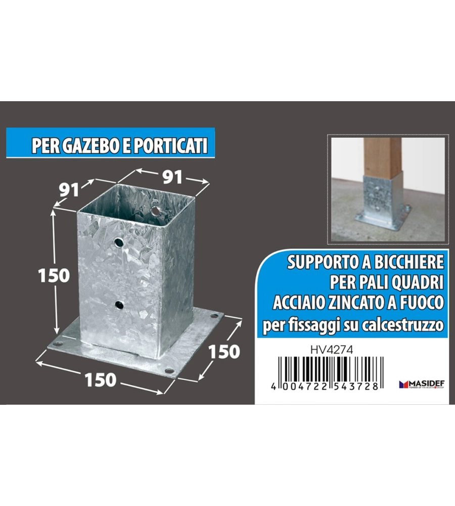 Portapali ancoraggio d'appoggio per travi 91 x 91 x 150 x 150 mm.