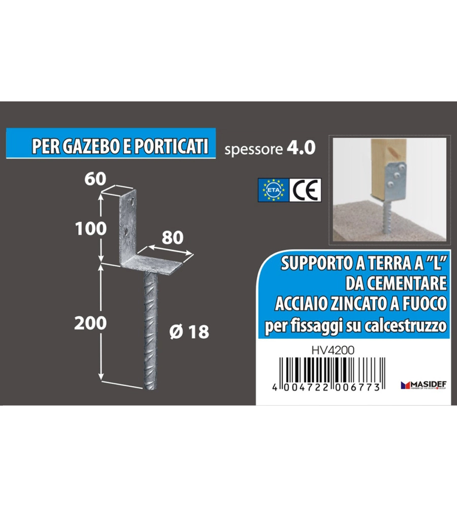 Supporto a "l" per pali 75 x 60 x 110 x 200 mm.