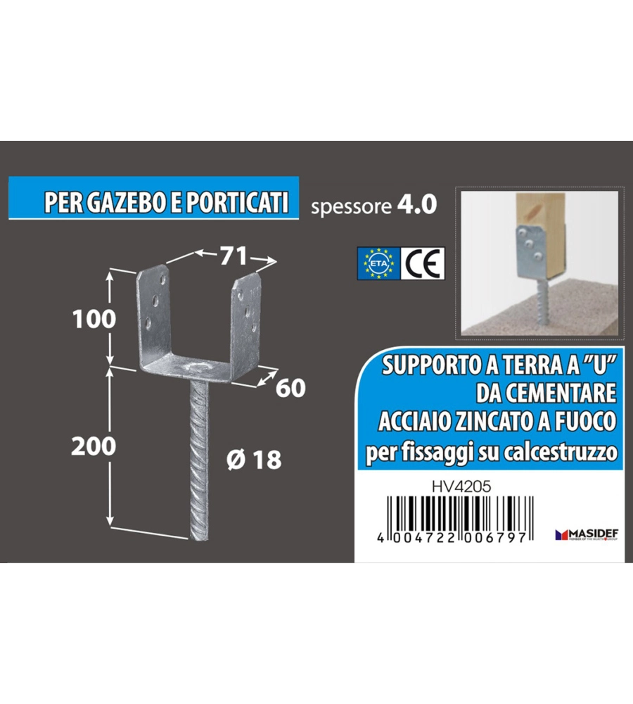 Supporto a "u" per pali 71 x 65 x 105 x 200 mm.