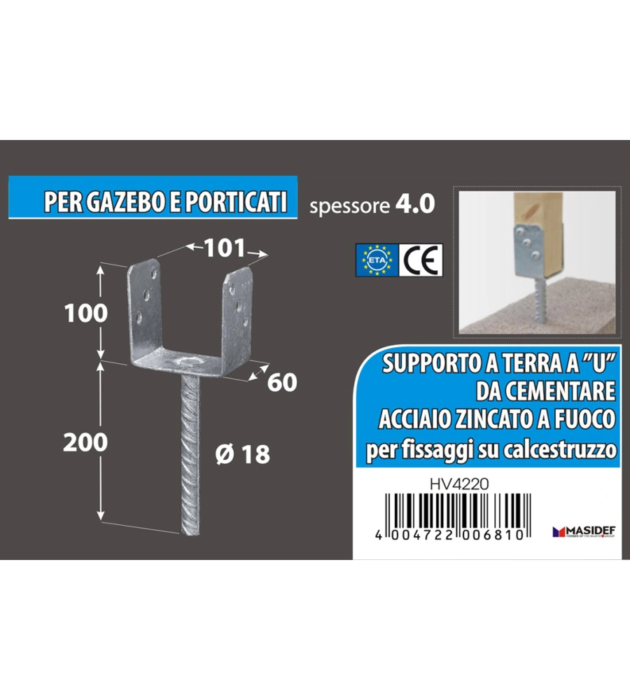 Supporto a "u" per pali 101 x 65 x 105 x 200 mm.