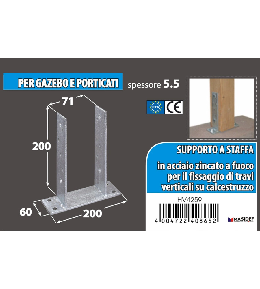 Supporto per pali da avvitare 71 x 60 x 200 x 200 mm.