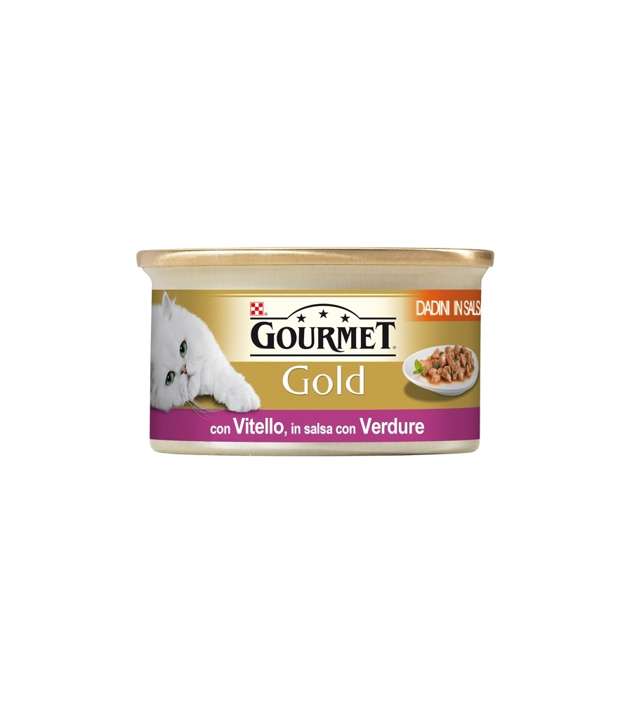 Gourmet gold, alimento umido per gatto con dadini di vitello alla mediterranea.