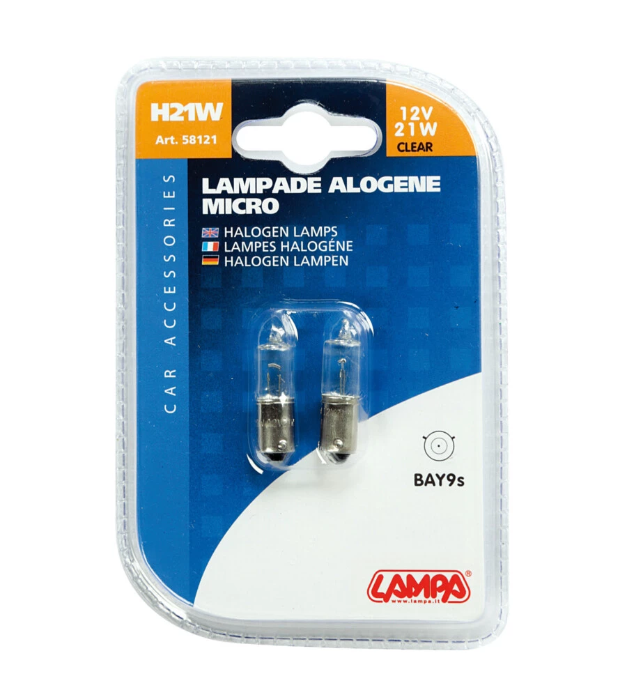 Lampada alogena micro 12v - h21w - 21w - bay9s - 2 pz  - d/blister  58121