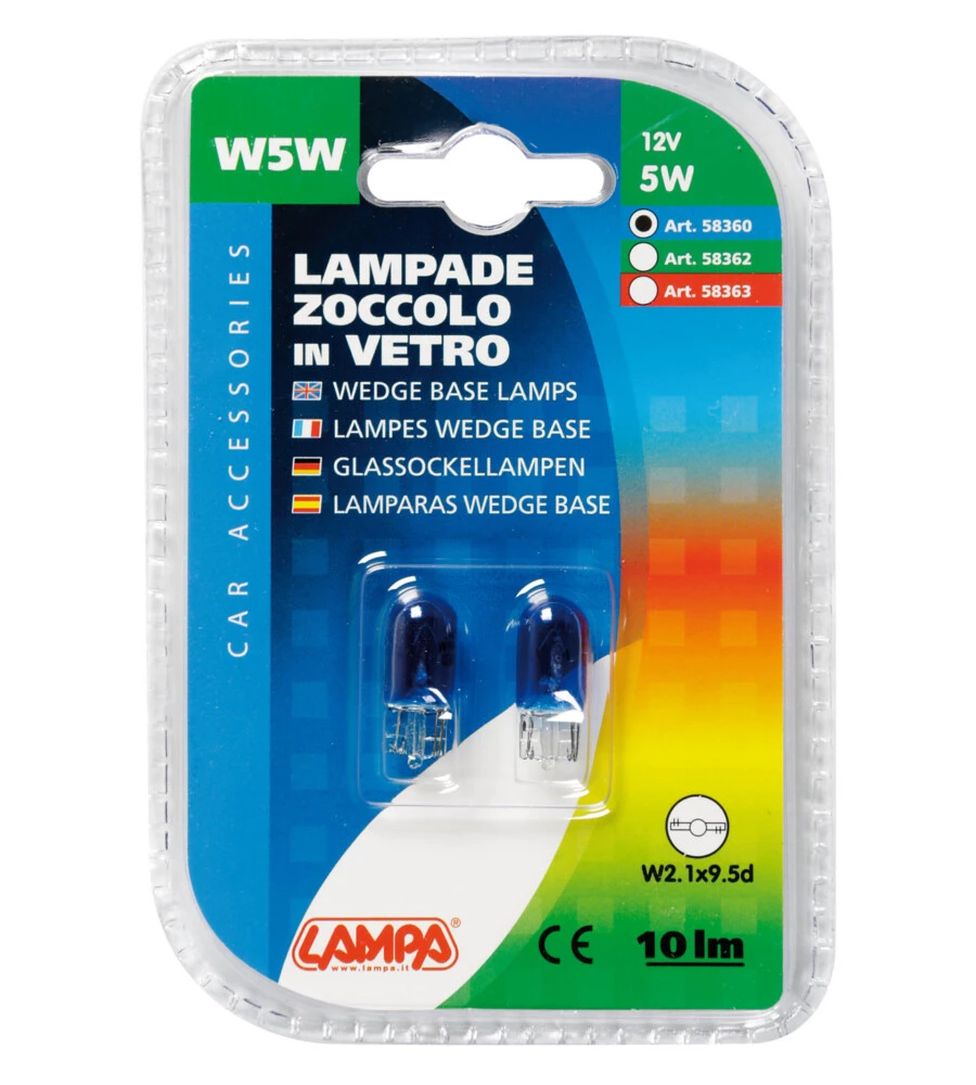 Lampada con zoccolo vetro - (w5w) - 5w - w2,1x9,5d - 2 pz  - d/blister - blu  58360