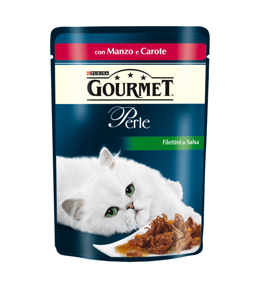 Gourmet perle - alimento umido per gatto, filettini in salsa con verdure e manzo.