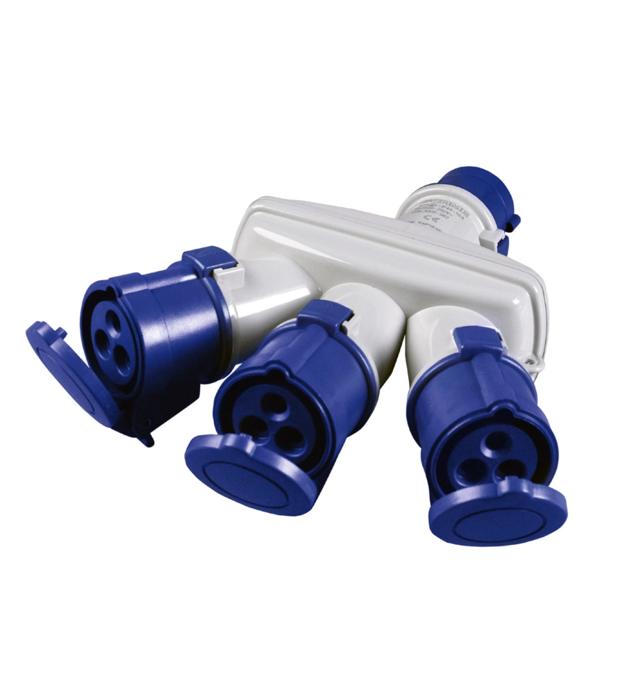 Poly pool - adattatore industriale triplo con spina e 3 prese 16 a 2p+t ip44 blu