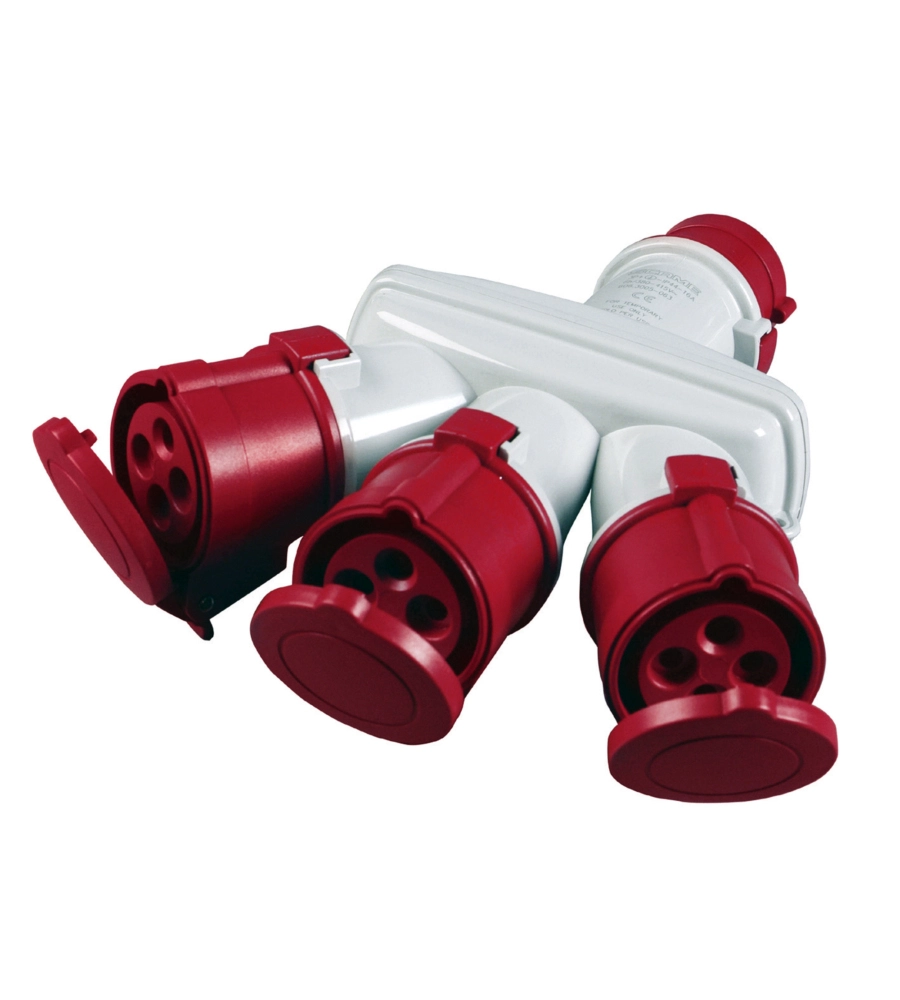 Poly pool - adattatore industriale triplo con spina e 3 prese 16 a 3p+t ip44 rosso