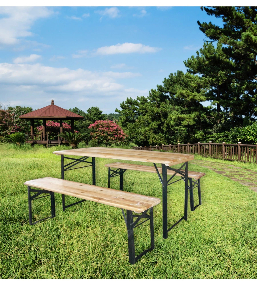 Set birreria da giardino euro garden in legno con tavolo e panche pieghevoli, 200x70 cm