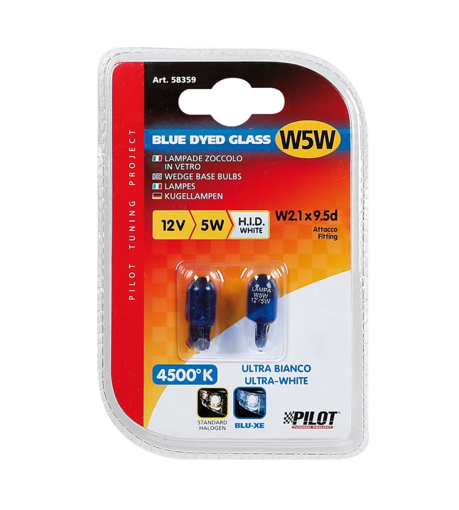 Lampada zoccolo blue dyed glass 12v - (w5w) - 5w - w2,1x9,5d - 2 pz  - d/blister  58359