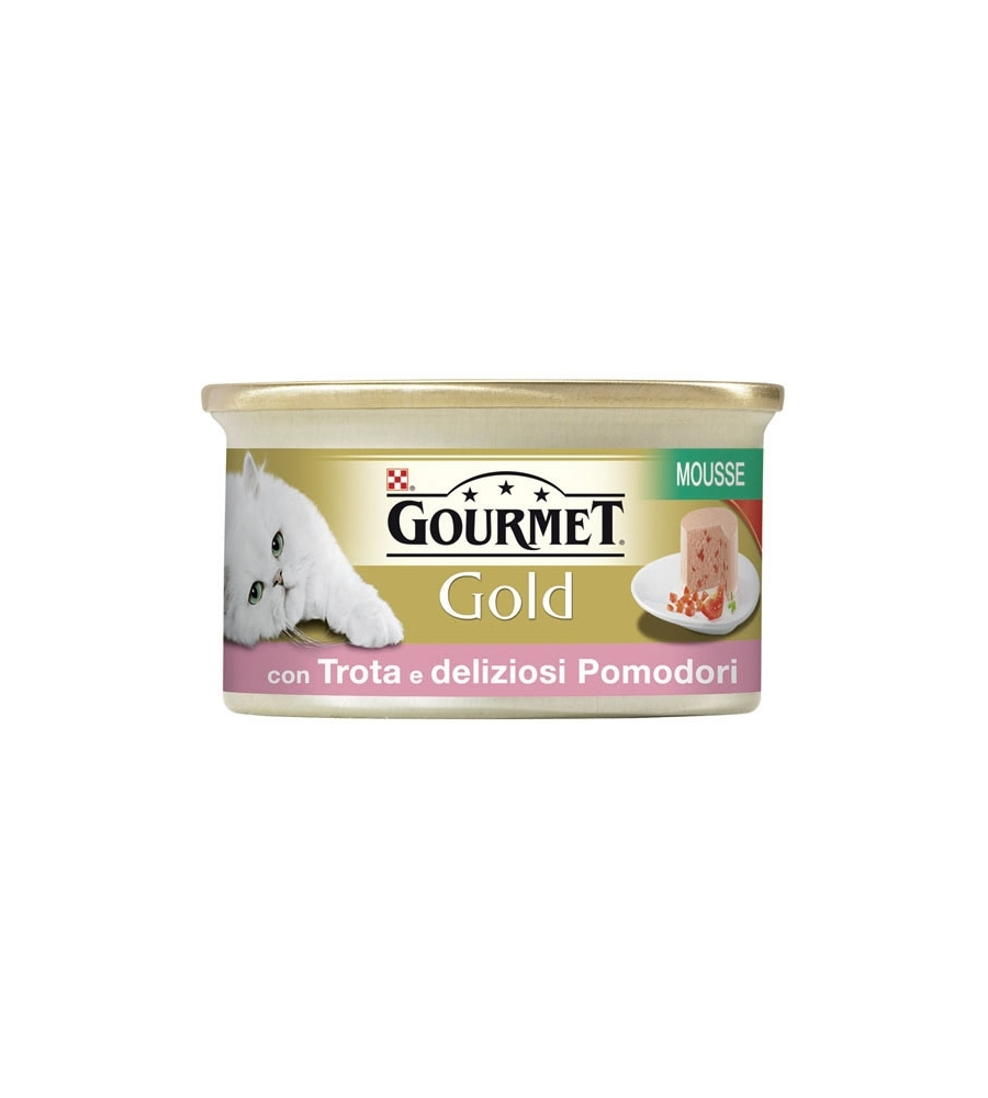 Gourmet gold alimento umido per gatto, mousse con trota e deliziosi pomodori.