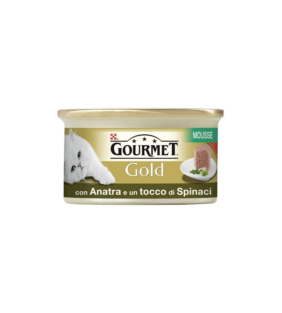 Gourmet gold, alimento umido per gatto, mousse con anatra e un tocco di spinaci.