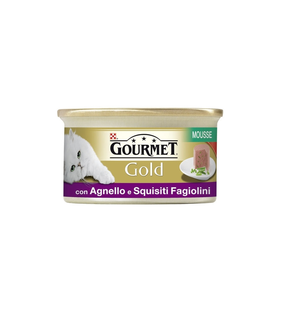 Gourmet gold, alimento umido per gatto, mousse con agnello e squisiti fagiolini.