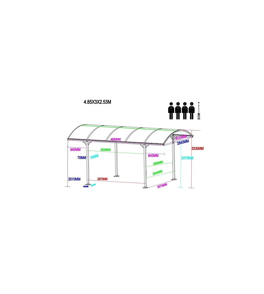 Carport auto in alluminio e policarbonato euro garden 1 posto 4,85x3,00x2,53 mt