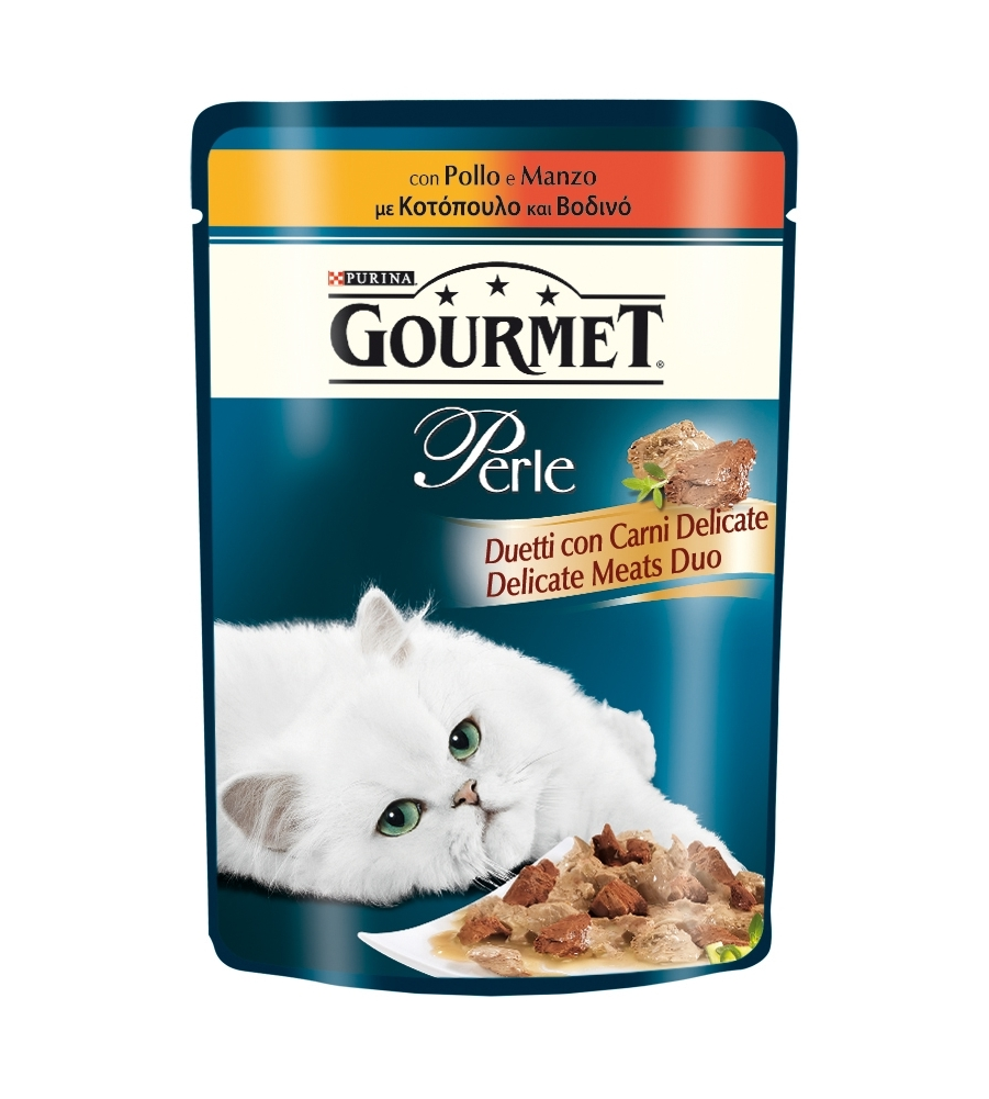 Gourmet perle, alimento umido per gatto, duetti di carne con manzo e pollo.