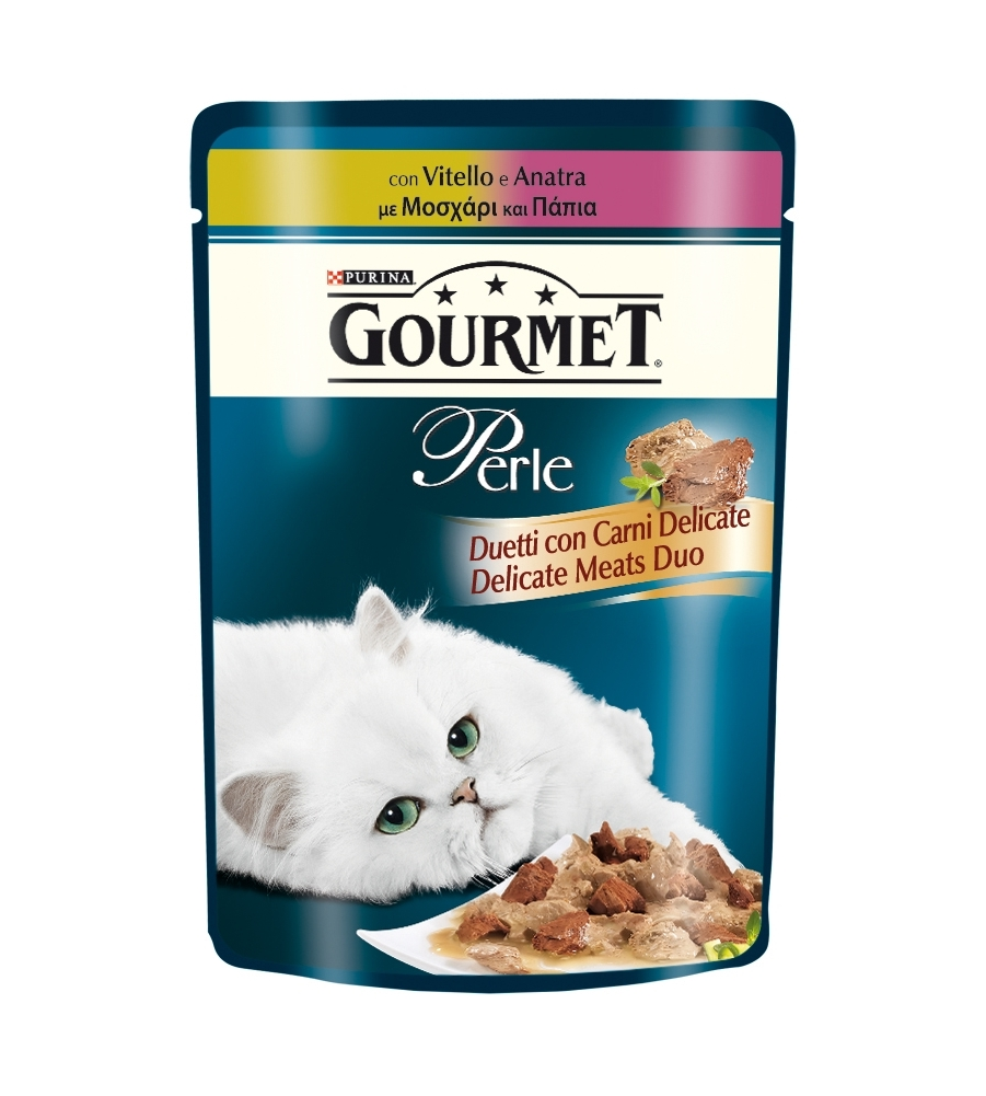 Gourmet perle, alimento umido per gatto, duetti di carne con  vitello e anatra.