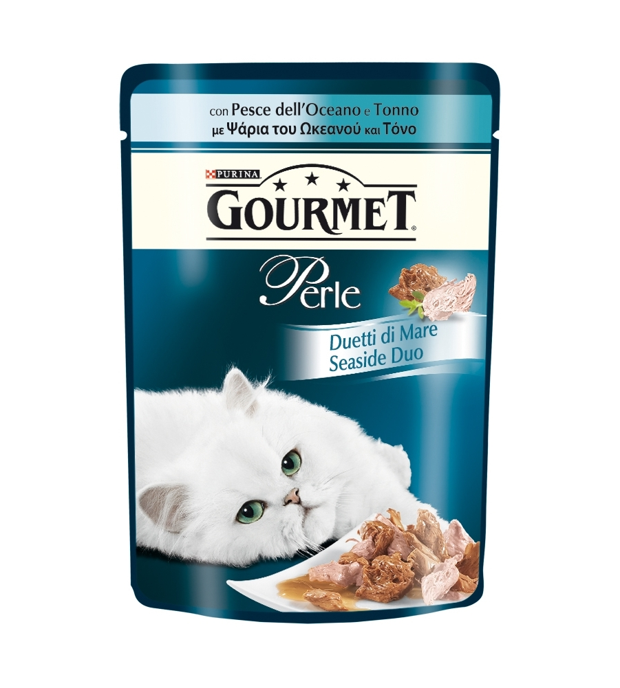 Gourmet perle, alimento umido per gatto, duetti di mare con pesce dell'oceano e tonno.