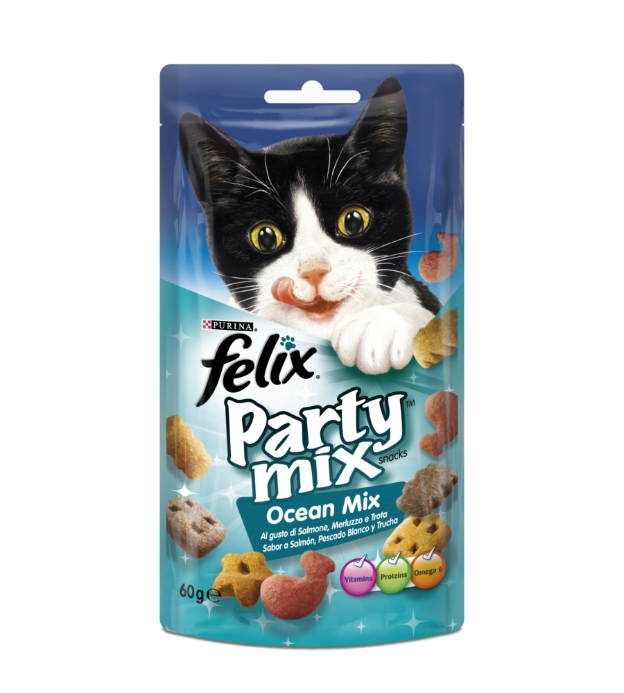 Alimento per gatto "felix party ocean mix" con salmone, merluzzo e trota