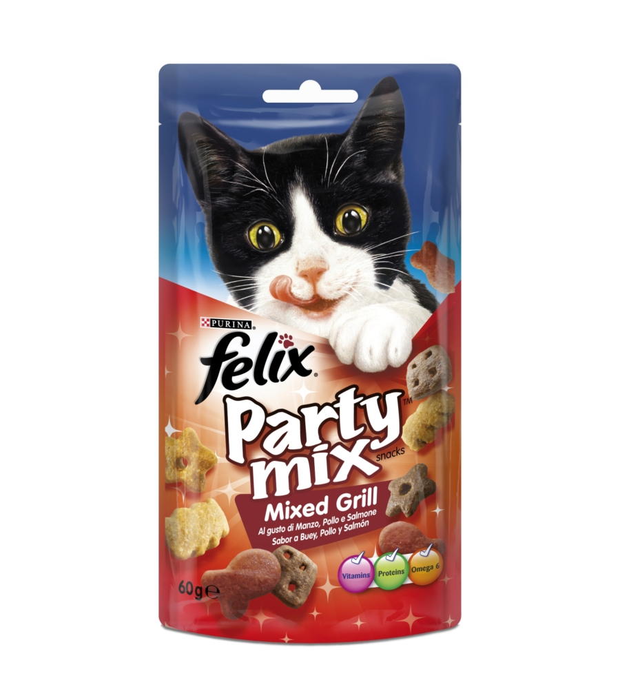 Alimento gatto "felix party mix mixed grill" con manzo, pollo e salmone.