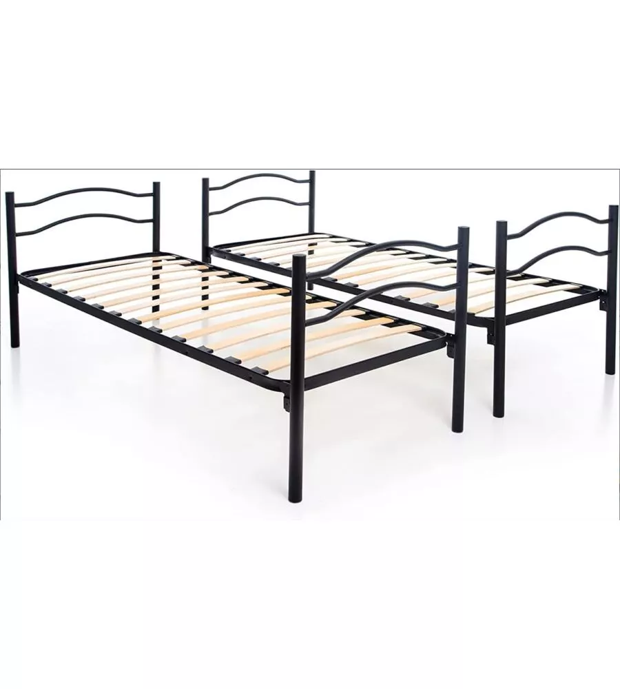 Letto a castello smontabile in metallo nero con doghe in legno, 203x145,5x83 cm