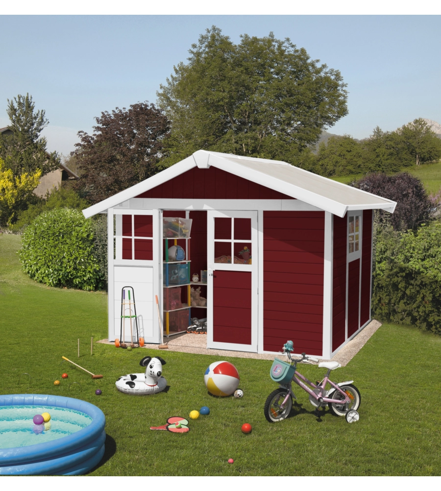 Casetta da giardino in pvc grosfillex "deco 7" rosso e bianco 370x298x250 cm - cod. 23007242