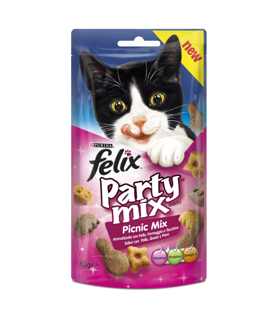 Alimento per gatti "felix party picnic mix" al formaggio e tacchino