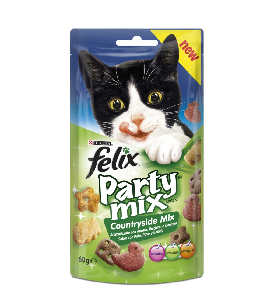 Felix party mix countryside mix, alimento  per gatti con anatra, tacchino e coniglio.