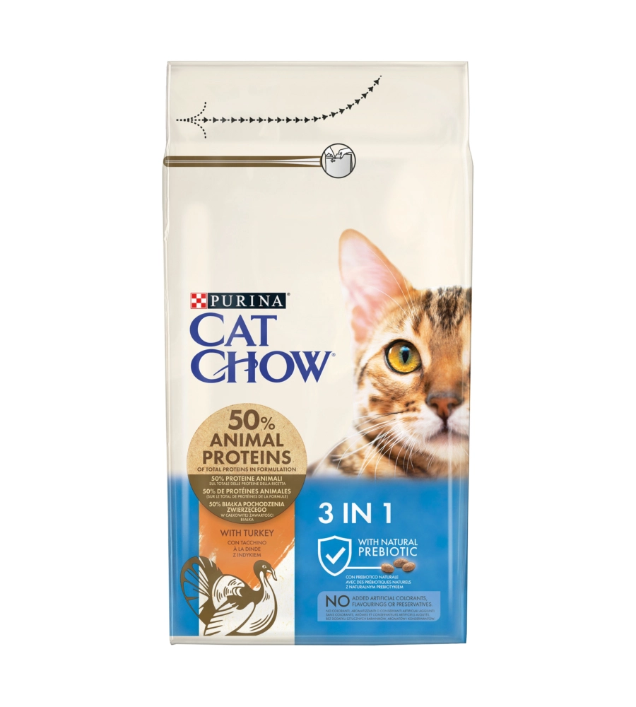 Crocchette per gatto adulto "cat chow 3in1" al tacchino, 1,5 kg - purina