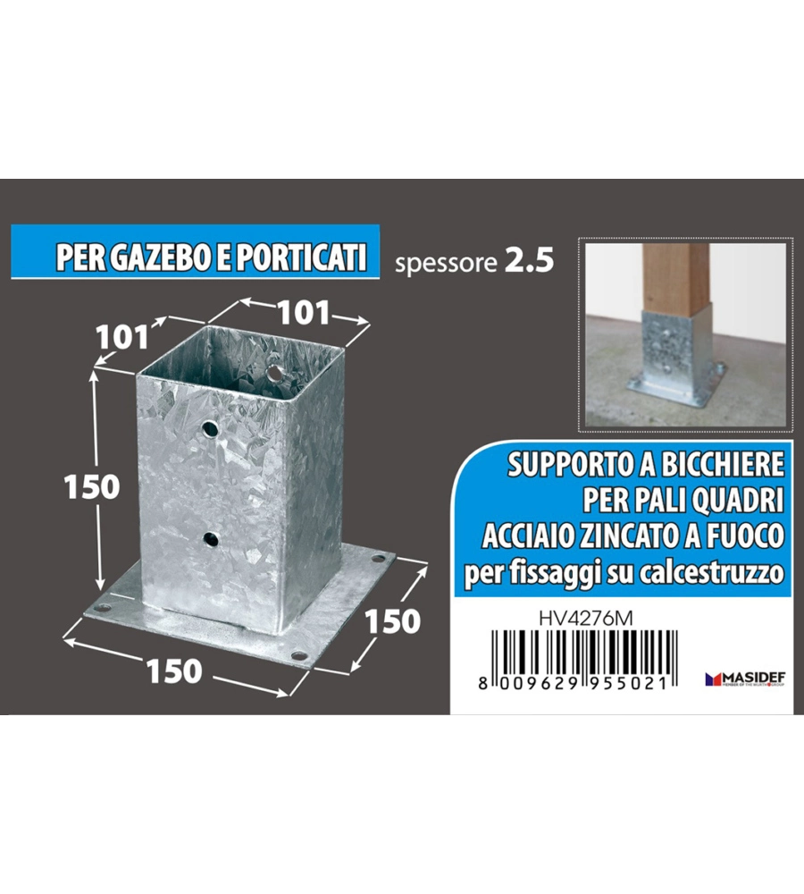 Portapali ancoraggio d'appoggio per travi 101 x 101 x 150 x 150 mm.