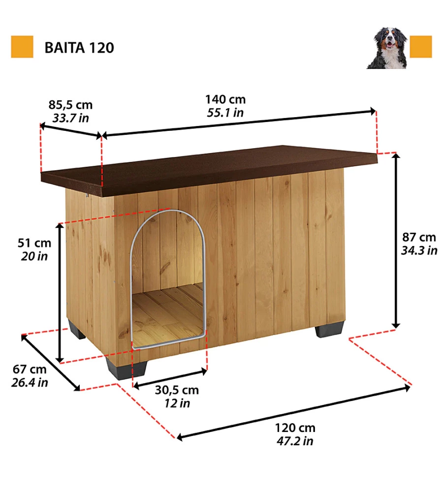 Cuccia per cani da esterno 'baita 120' in legno, 140x85,5x87 cm - ferplast