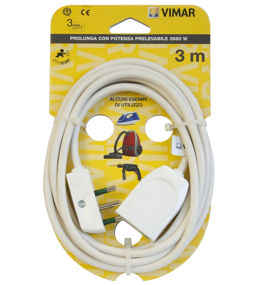 Cavo prolunga 3 metri bianco 3g1+spina piatta - vimar.