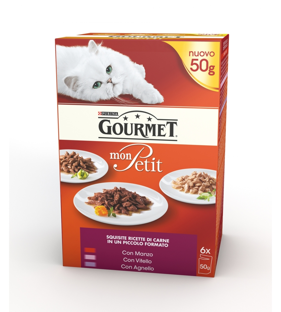 Gourmet mon petit, alimento umido per gatto, carne di manzo, vitello e agnello.