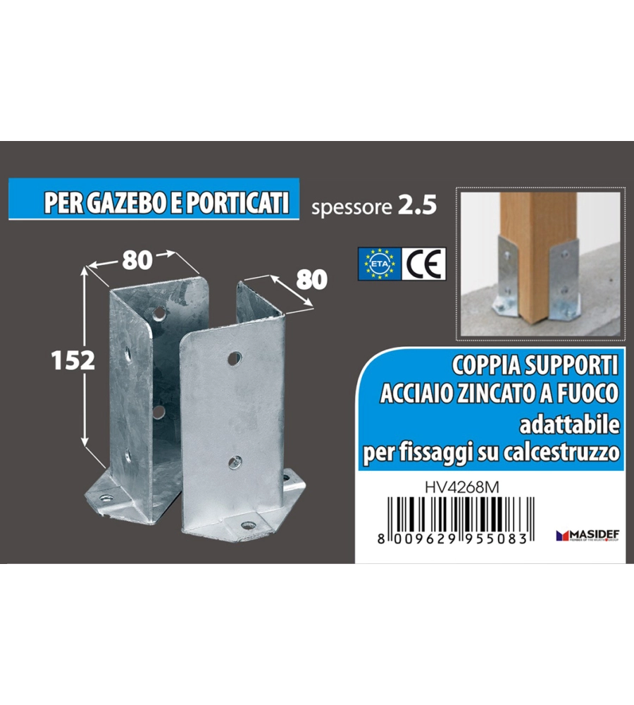 Portapali coppia supporti ancoraggio per travi 80 x 80 x 150 mm.