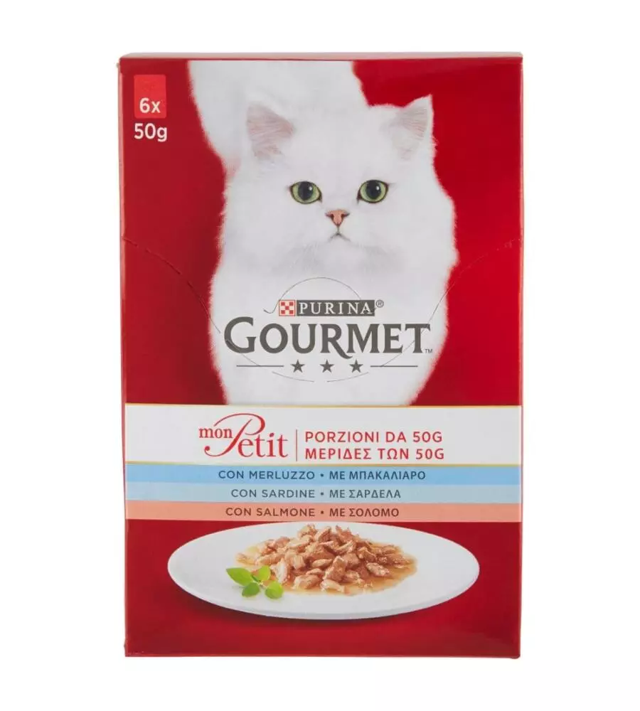 Gourmet mon petit alimento per gatto umido con merluzzo, sardine e salmone 6x50 gr.