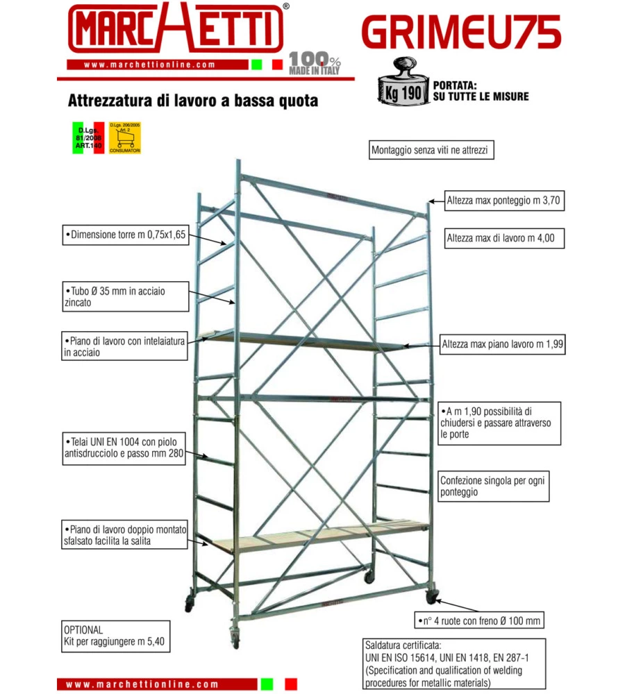 Ponteggio mobile marchetti con ruote e struttura in acciaio grim eu 75 -