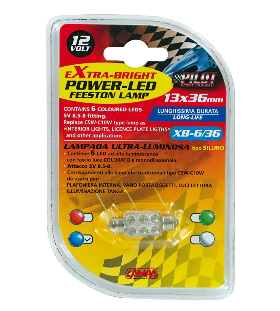 Lampada siluro 6 led 12v - 13x35 mm - sv8,5-8 - 1 pz  - d/blister - blu  58427