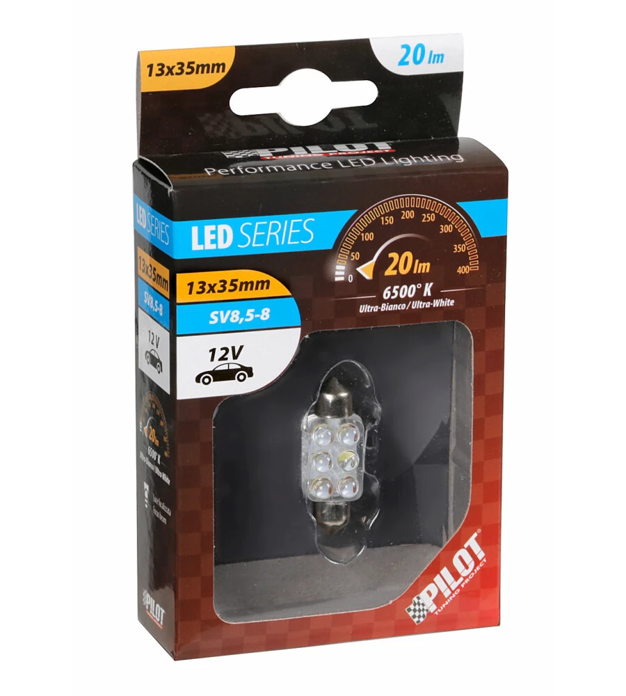 Lampada siluro 6 led 12v - 13x35 mm - sv8,5-8 - 1 pz  - scatola - bianco  58429