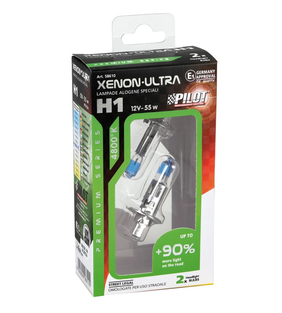 Lampada alogena 12v xenon ultra +90% luce - h1 - 55w - p14,5s - 2 pz  - scatola  58610