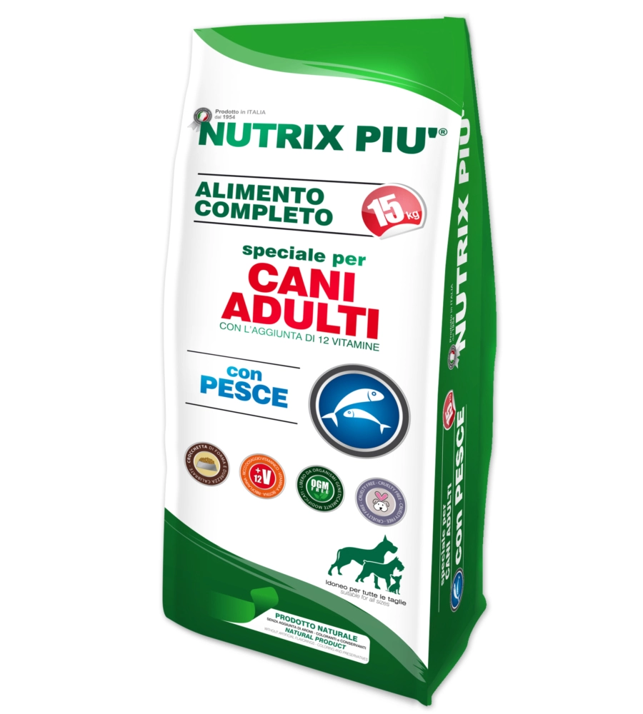 Alimento per cani adulti "nutrix piu' " con pesce - 15 kg.