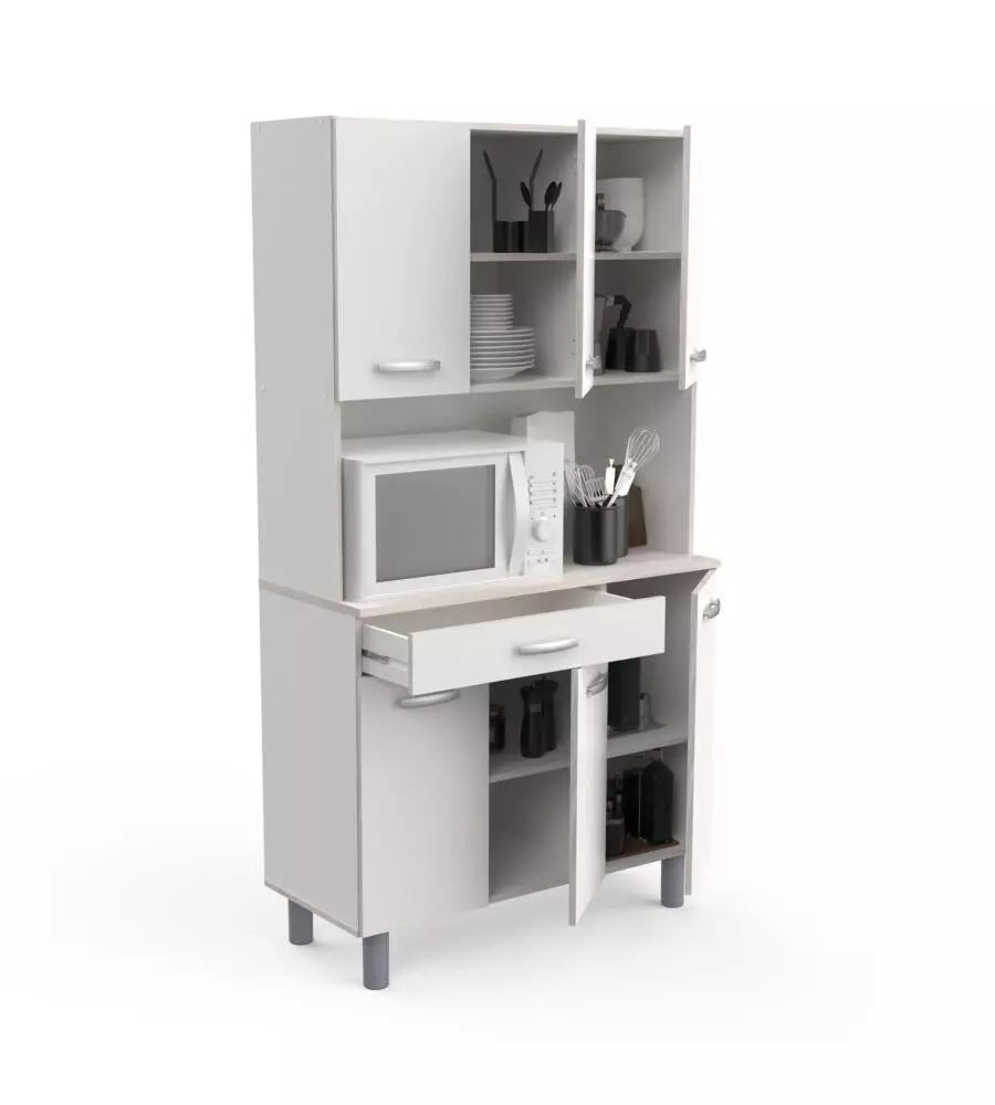 Mobile buffet con 6 ante e 1 cassetto bianco e acacia, 101x42,3x185,3 cm