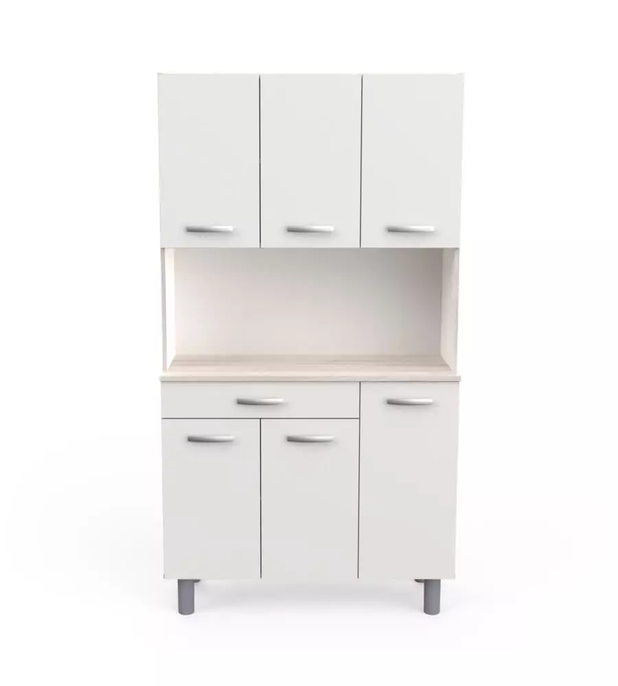 Mobile buffet con 6 ante e 1 cassetto bianco e acacia, 101x42,3x185,3 cm