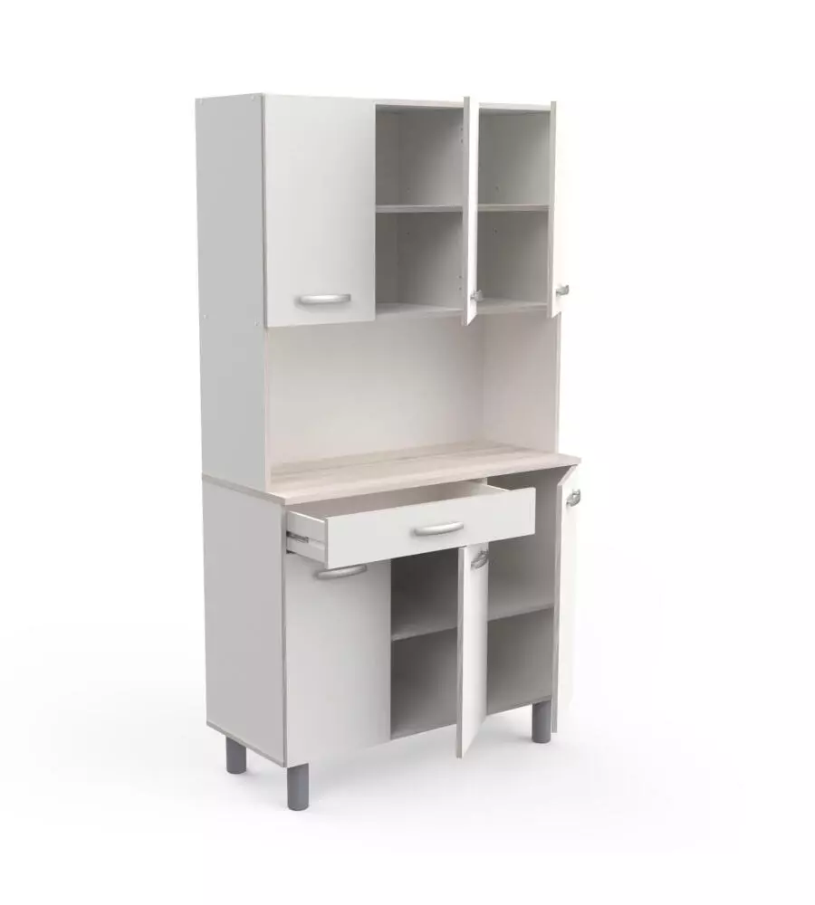 Mobile buffet con 6 ante e 1 cassetto bianco e acacia, 101x42,3x185,3 cm