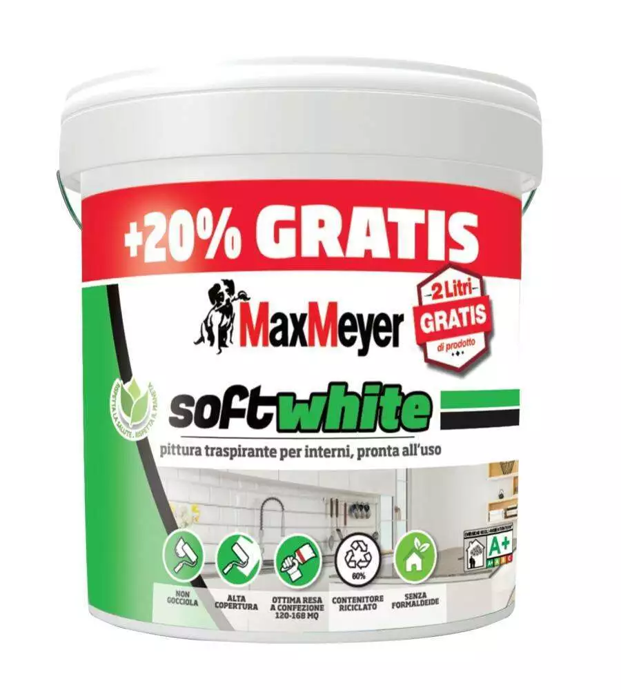 Pittura traspirante per interni max meyer "soft white " pronta all'uso, 10lt + 2lt omaggio