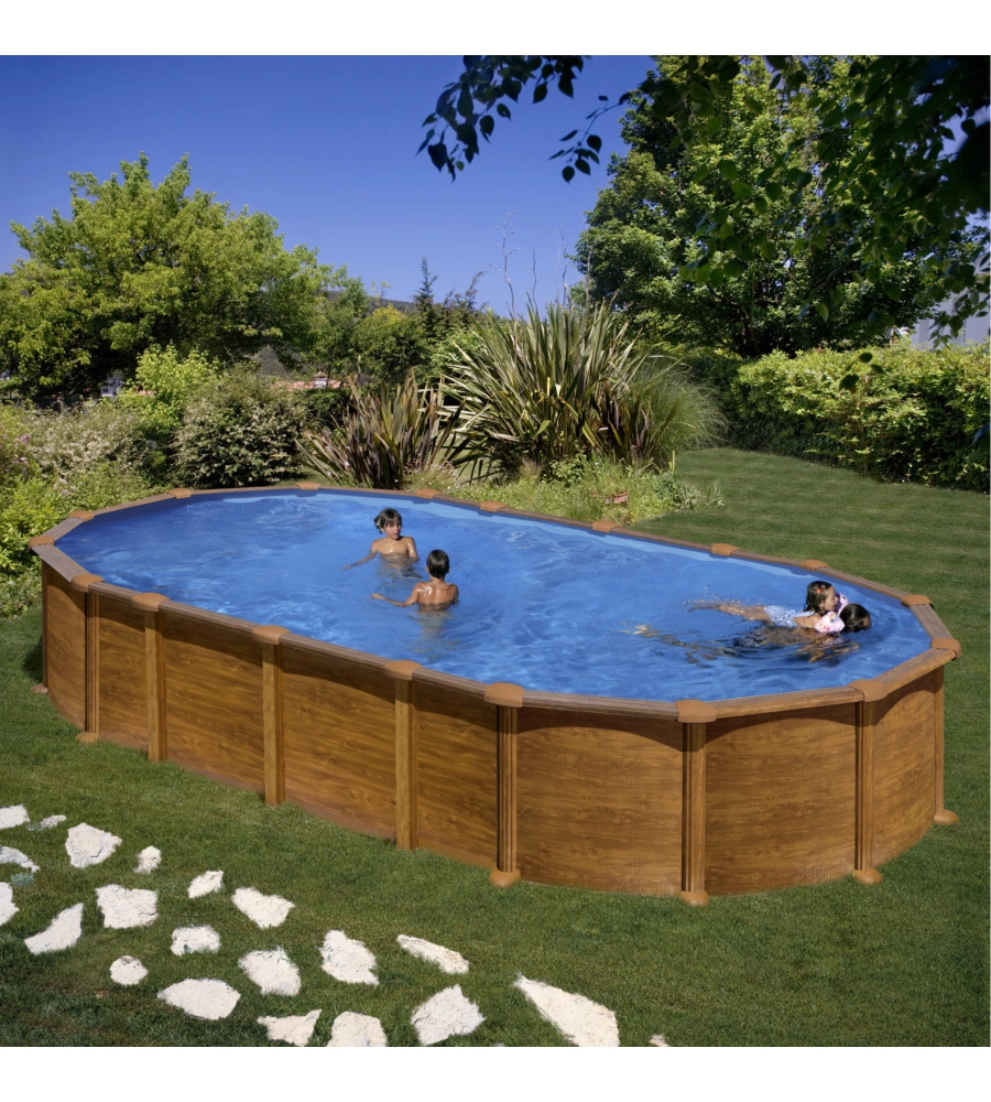 Piscina fuori terra ovale gre "amazonia" in acciaio effetto legno 730x375x132 - cod. kitprov7388wo