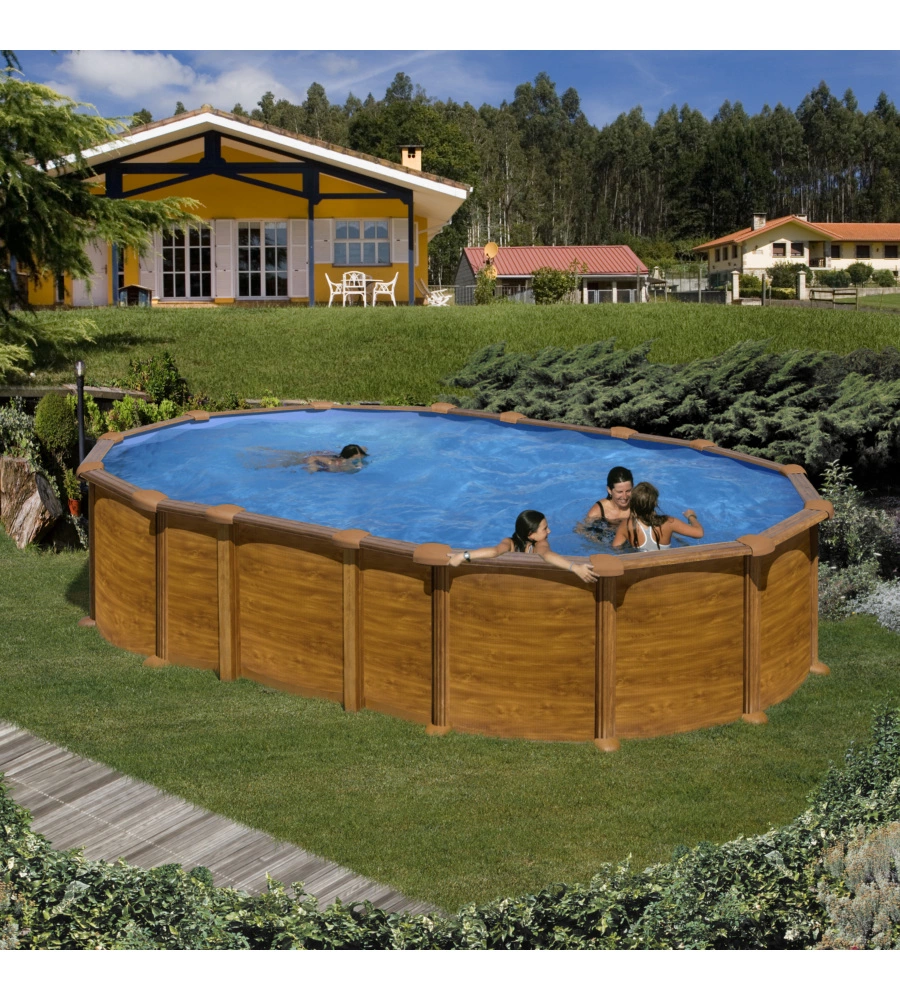 Piscina fuori terra ovale gre "amazonia" in acciaio effetto legno 610x375x132 - cod. kitprov6188wo